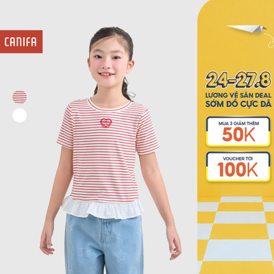 Áo phông bé gái CANIFA áo thun cộc tay chất cotton mềm mịn phối viền bèo 1TS26S015