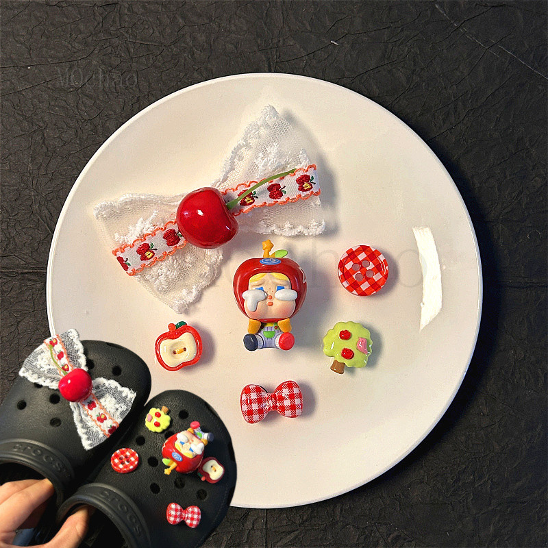 Set 6 Jitbitz charm 2D/3D-Cherry & nơ dễ thương, sticker dép Sục, sandal, Crocs, cá sấu-Sẵn hàng｜s
