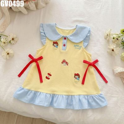 Váy chữ A bé gái MINTSCLOSET cổ lá sen tay bèo nơ đỏ họa tiết thêu GV0499