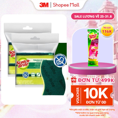 Combo 2 Cước rửa chén siêu sạch có mút 3M™ Scotch-Brite®, hình sóng, 3 miếng/gói, Làm sạch các vết bẩn cứng đầu