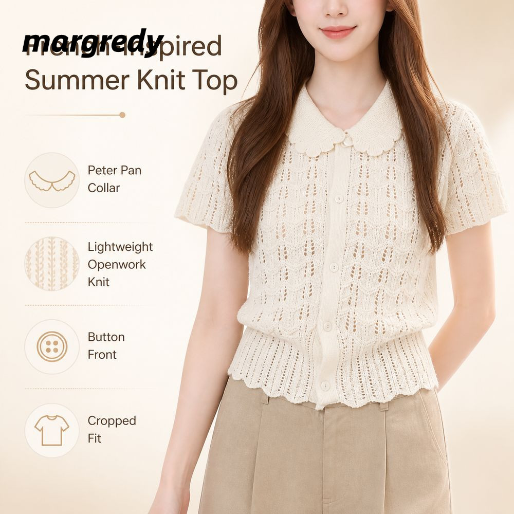 Áo sơ mi dệt kim tay ngắn MARGREDY, Nút kiểu cắt phía trước Áo dệt kim crop Top, Peter Pan Collar Op