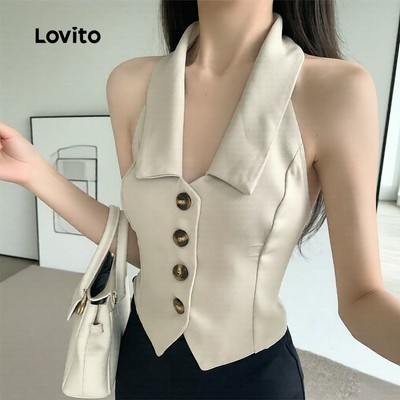 Lovito thanh lịch Áo nữ cài cúc trước màu đơn giản phong cách mã L86ED236
