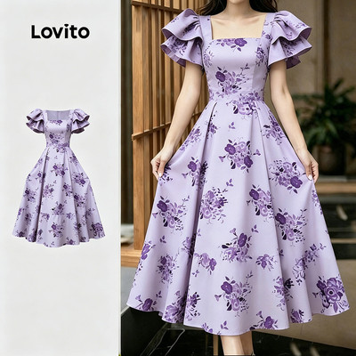 Đầm nữ Lovito tím nhạt xuân hè xếp nếp hoa thanh lịch LK4ED1494