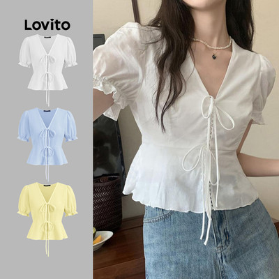 Lovito Áo kiểu Phong cách thường ngày ren trơn mùa hè cho nữ L123ED063