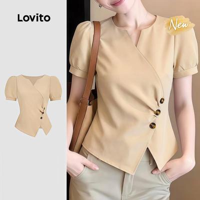 (New Arrival) Lovito Áo sơ mi nữ màu kaki thanh lịch cúc lệch mùa xuân/hè BLB198P1D085