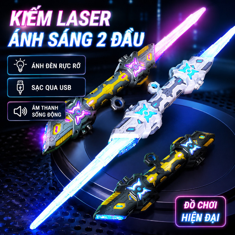 Kiếm lazer ánh sáng 2 ĐẦU,Sấm Sét 7 màu sắc,Đầu Xoay 360 Độ,Kiếm ánh sáng đồ chơi trẻ em