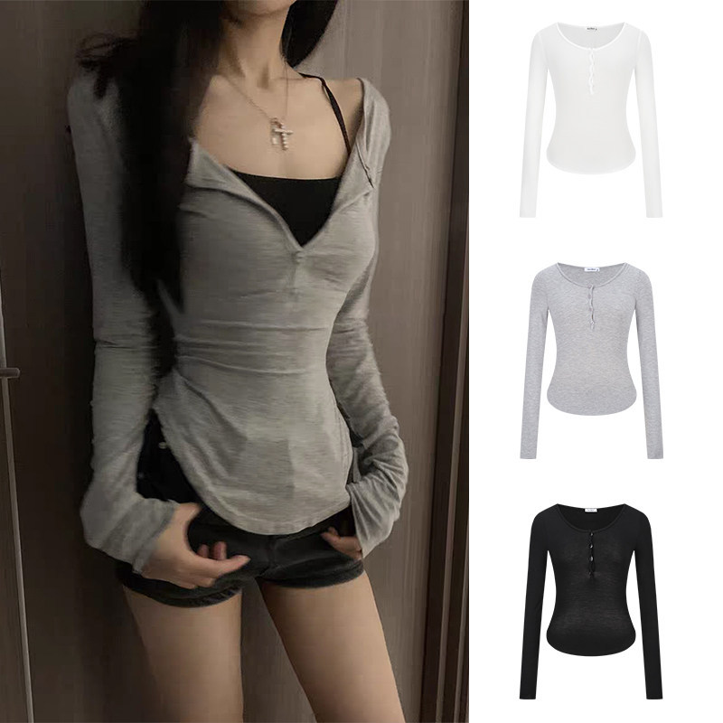 áo phông dài tay áo thun dài tay nữ form rộng Áo phông dài tay cổ chữ U gợi cảm phong cách Moses Que