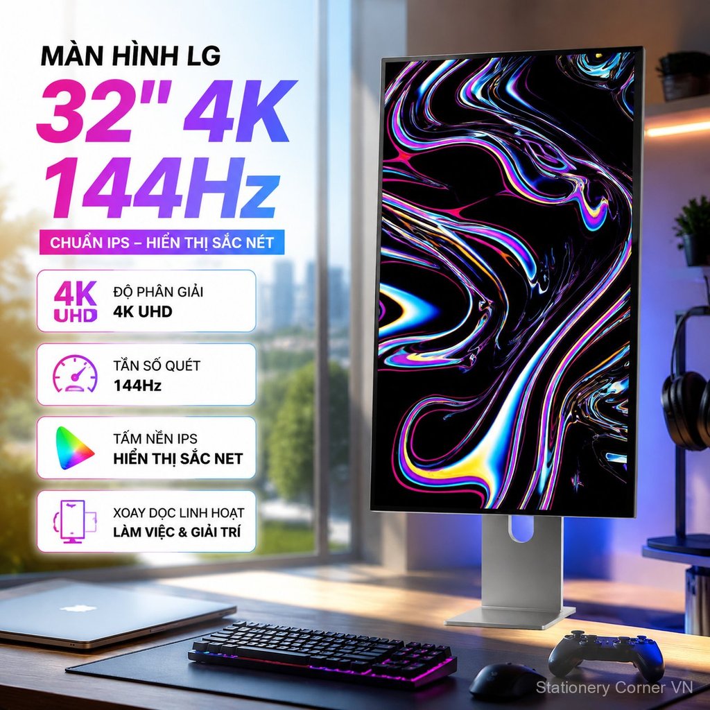 Màn hình LG 32 inch 4K 144Hz gaming IPS, thiết kế dựng đứng cho Mac, hiển thị sắc nét