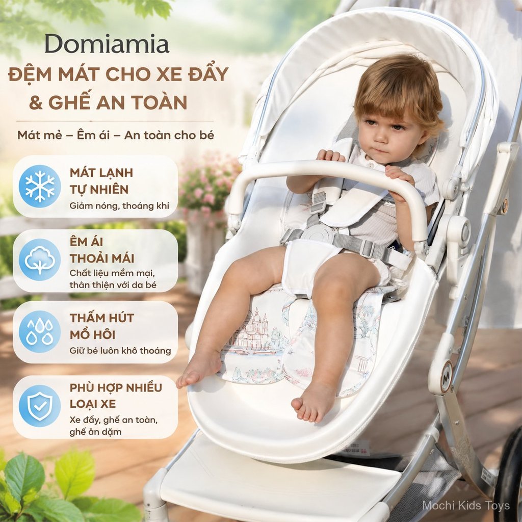 Chiếu mát xe đẩy Domiamia, đệm ngồi thoáng mát cho bé, ghế an toàn ô tô