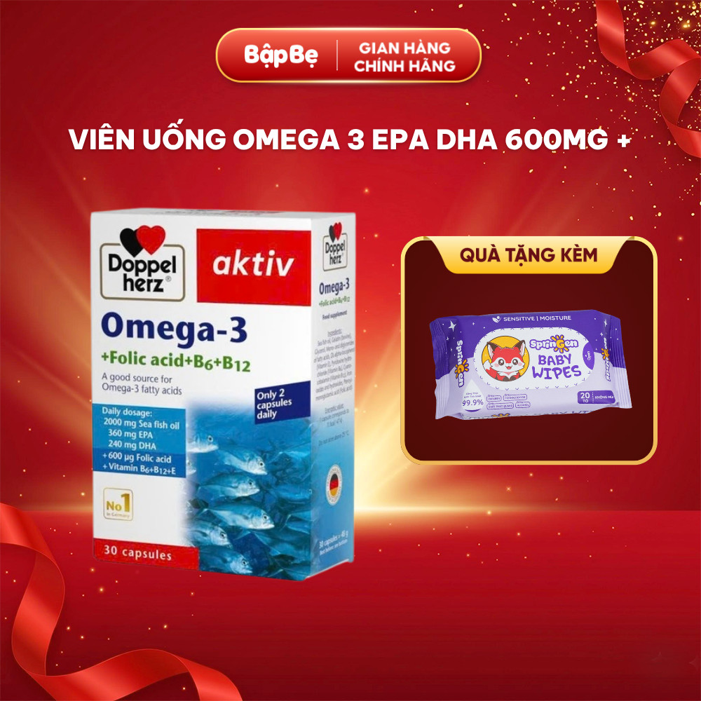 Doppelherz Omega 3 EPA DHA 600mg + Vitamin E B6 B12 Folic Acid Hộp 30 Viên Cho Người Lớn