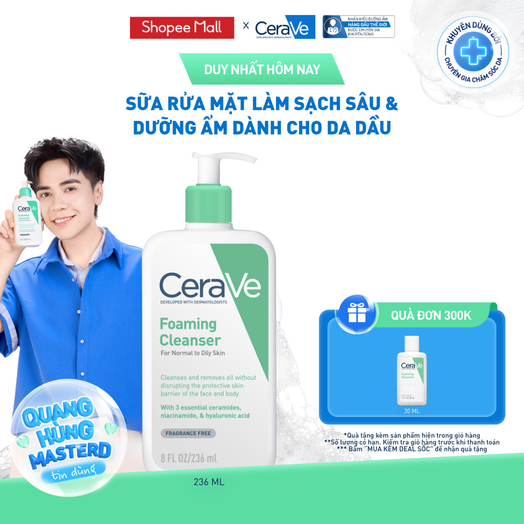 Sữa rửa mặt foaming giúp làm sạch sâu và dưỡng ẩm dịu nhẹ dành cho da dầu - CeraVe Foaming Facial Cleanser 236ML