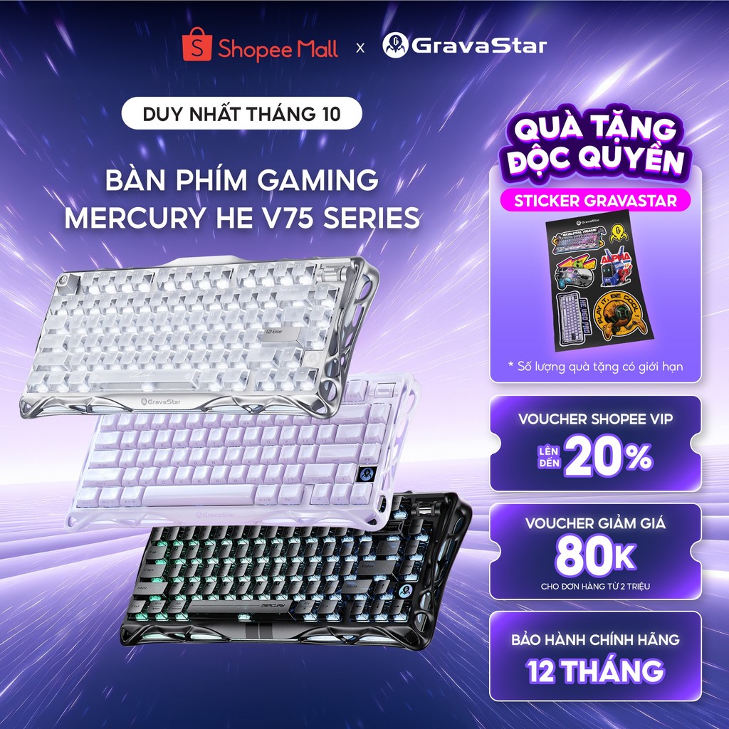 Bàn phím cơ Gaming Gravastar Mercury V75 Magnetic Switch HE Rapid Trigger - 8000Hz Polling, RT 0.005, Switch từ tính