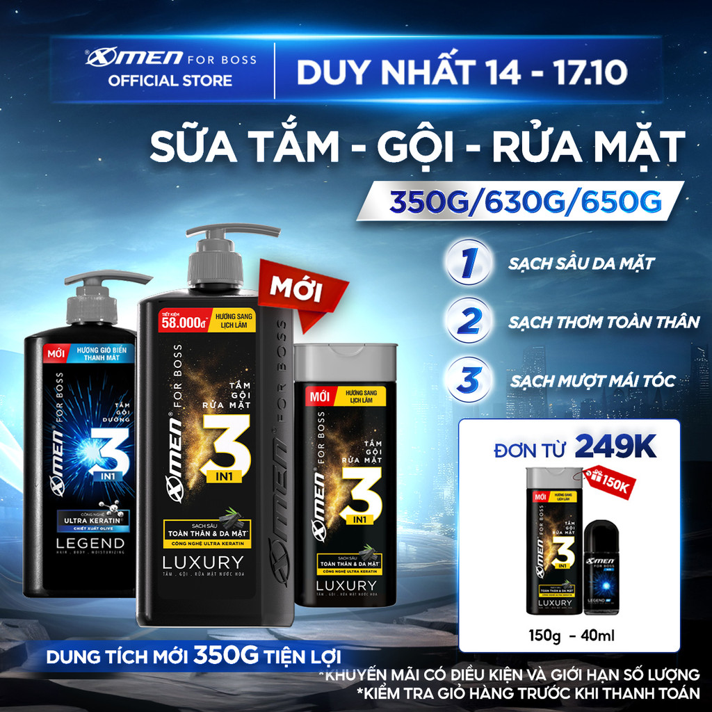 [MỚI] Tắm Gội Rửa Mặt XMen for Boss 3in1 Luxury 630g 350g / Tắm Gội Legend 630g / Intense 650g Hương Nước Hoa Châu Âu
