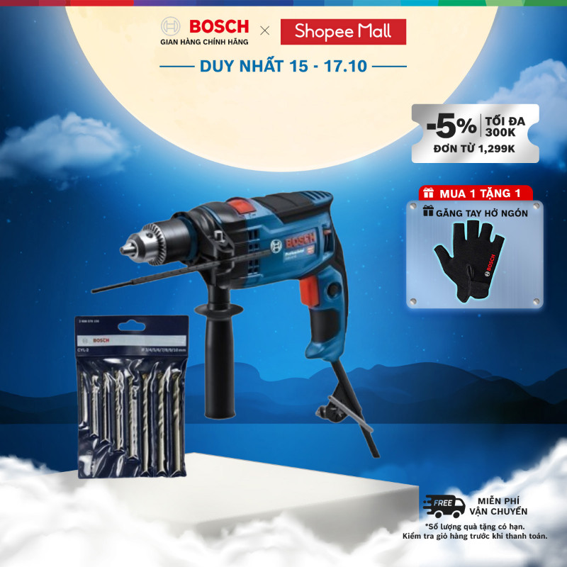 Máy khoan động lực Bosch GSB 16 RE (Hộp nhựa) - Tặng kèm 1 Bộ mũi khoan tường Bosch Concrete 3/4/5/6/7/8/9/10