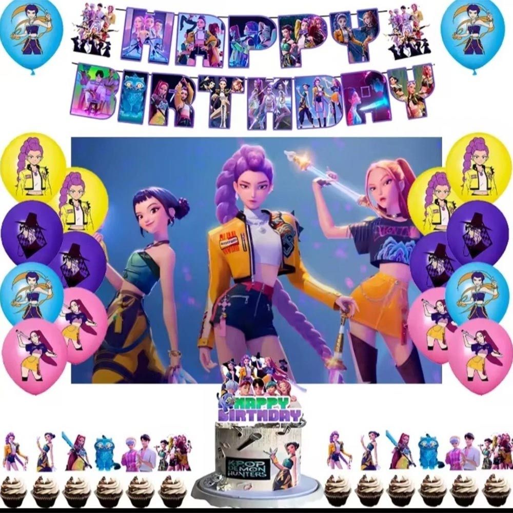 KPop Demon Hunters Theme Birthday Party Banner Balloons Cake Toppers Anime Birthday Party Decor