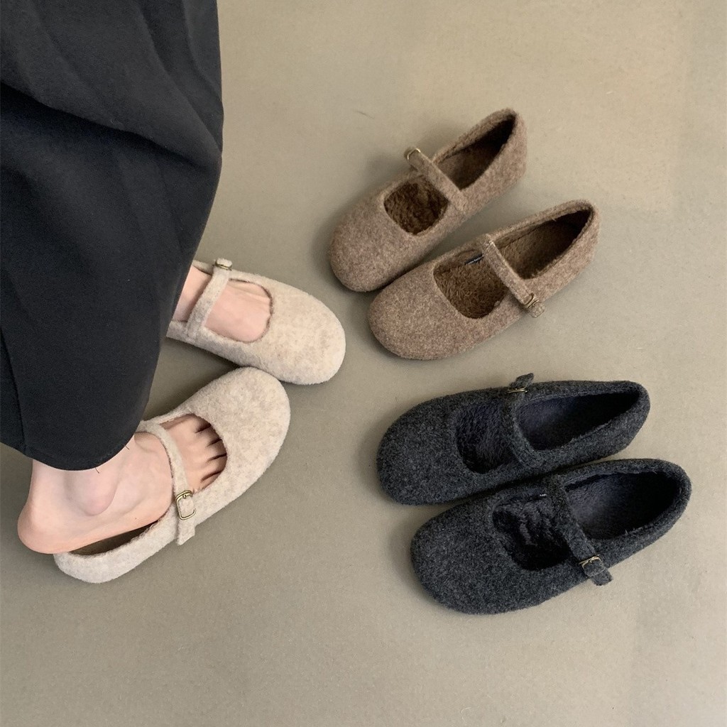 Fairy Western Style Fluffy Shoes French Style Temperament plus Velvet Mary Jane Shoes Flat Cotton Sh