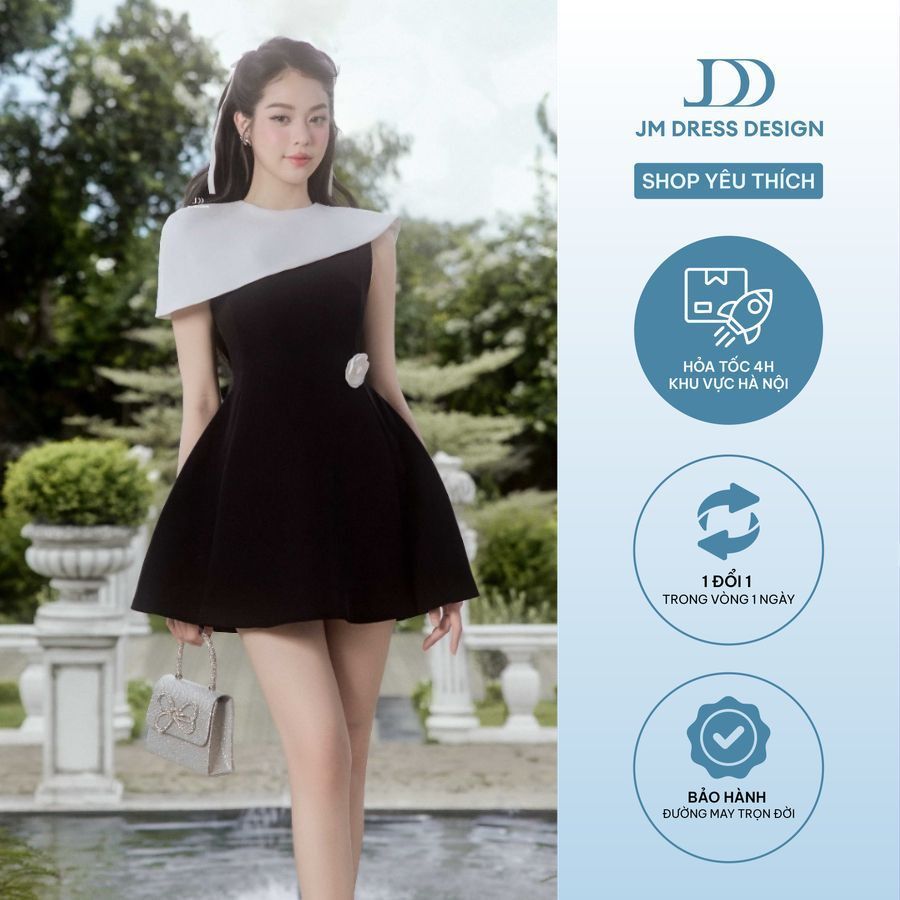 Đầm lệch vai xếp ly phối cape 1P01.2506K, đầm tiểu thư sang trọng dự tiệc, váy đi tiệc cưới thiết kế