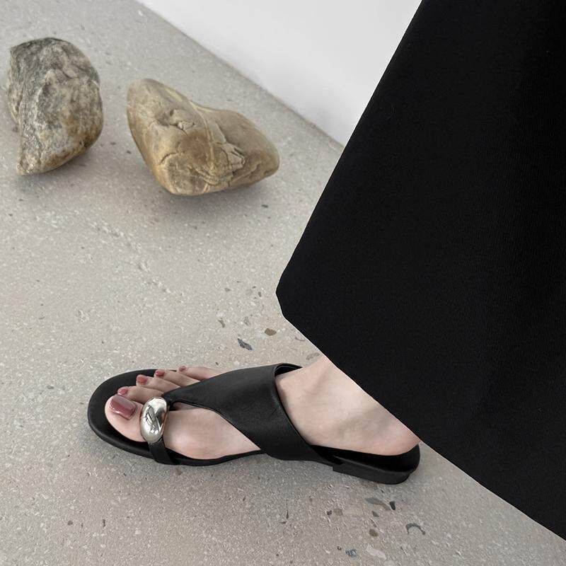 Kỳ nghỉ Yu Mi Nangang ~Retro Mũi Tròn Flip-Flops Mở Mũi Bằng Dép Đi Bộ Dép Nữ Mùa Hè