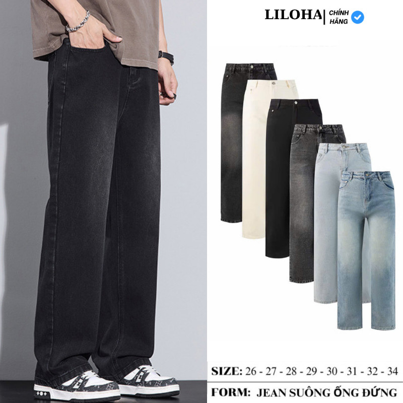 (LILOHA) Quần Jean Nam Suông Rộng Ống Đứng Màu Đen Khói – Chất Denim Dày Cao Cấp – Phong Cách Retro 
