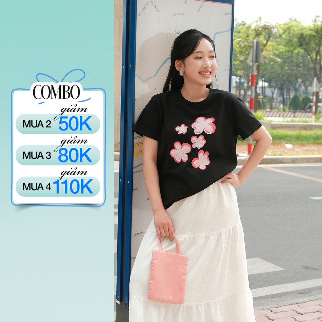 Áo Thun Nữ Form Regular GUMAC - Gmorning Cổ Tròn Tay Ngắn In Hoa Phía Trước Thời Trang YATG01032