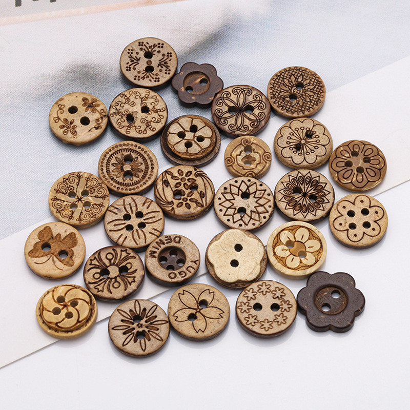 Nút Vỏ Dừa Tự Nhiên Trẻ Em Handmade Tự Làm Tròn Hai Mắt Bốn Mắt Nút Dừa Bé Áo Sơ Mi Nút MGC3
