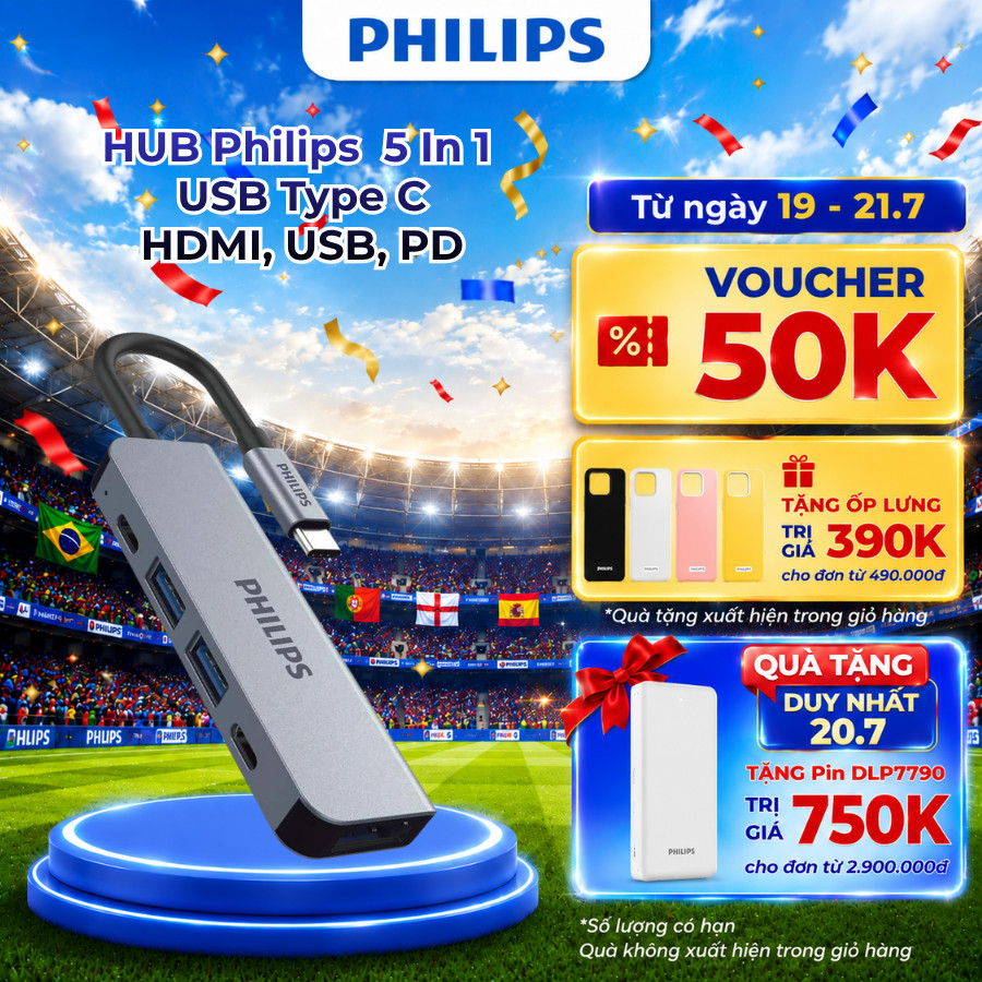 Bộ Hub thiết bị chuyển đổi Philips đa cổng USB Type C (Thunderbolt 3) HDMI - USB-A*2 - USB-C*2 (PD)