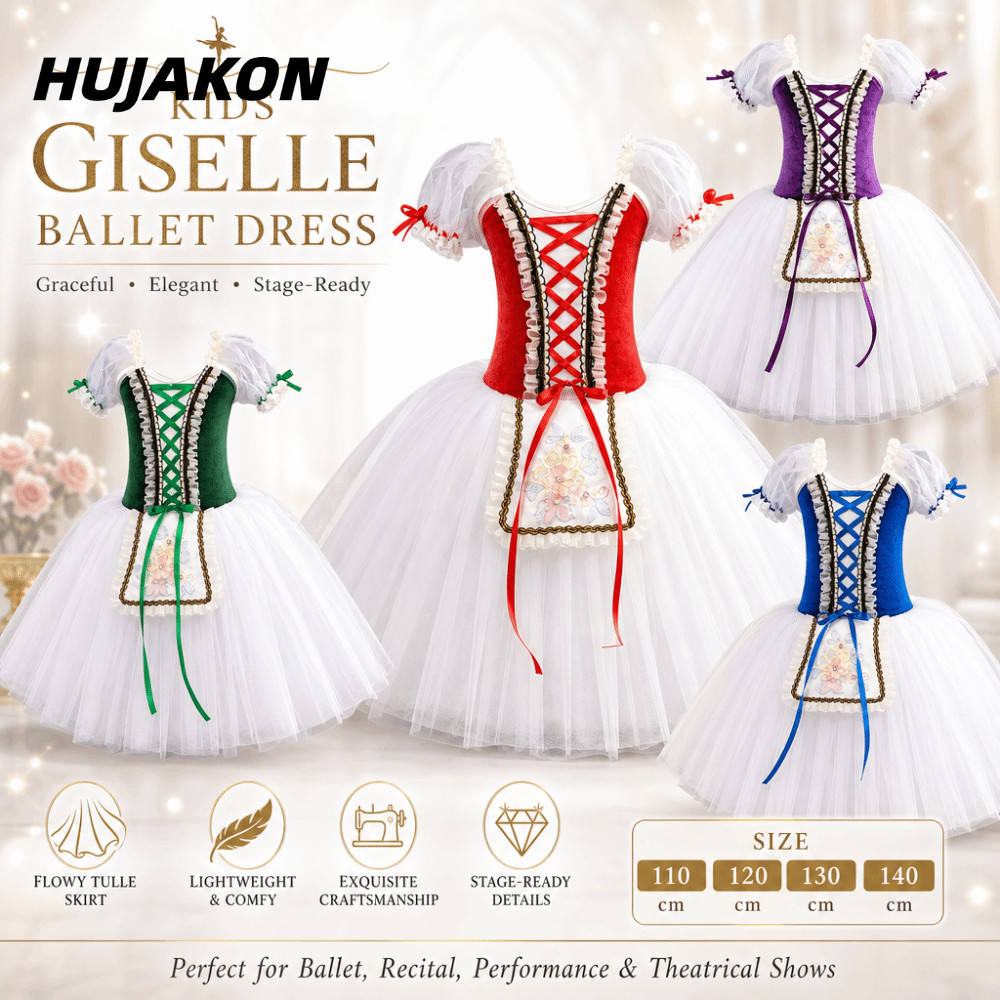 HUJAKON Kids Giselle Ballet Tutu Dress, Velvet Puff Tay Ballet Dance Leotard, Váy vải tuyn dài ruy b