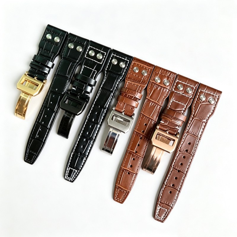 22mm Đen Nâu Da Cá Sấu Hạt Dây Đeo Đồng Hồ Có Đinh Tán Cho IWC Phi Công Bồ Đào Nha Đồng Hồ Gấp Khóa 
