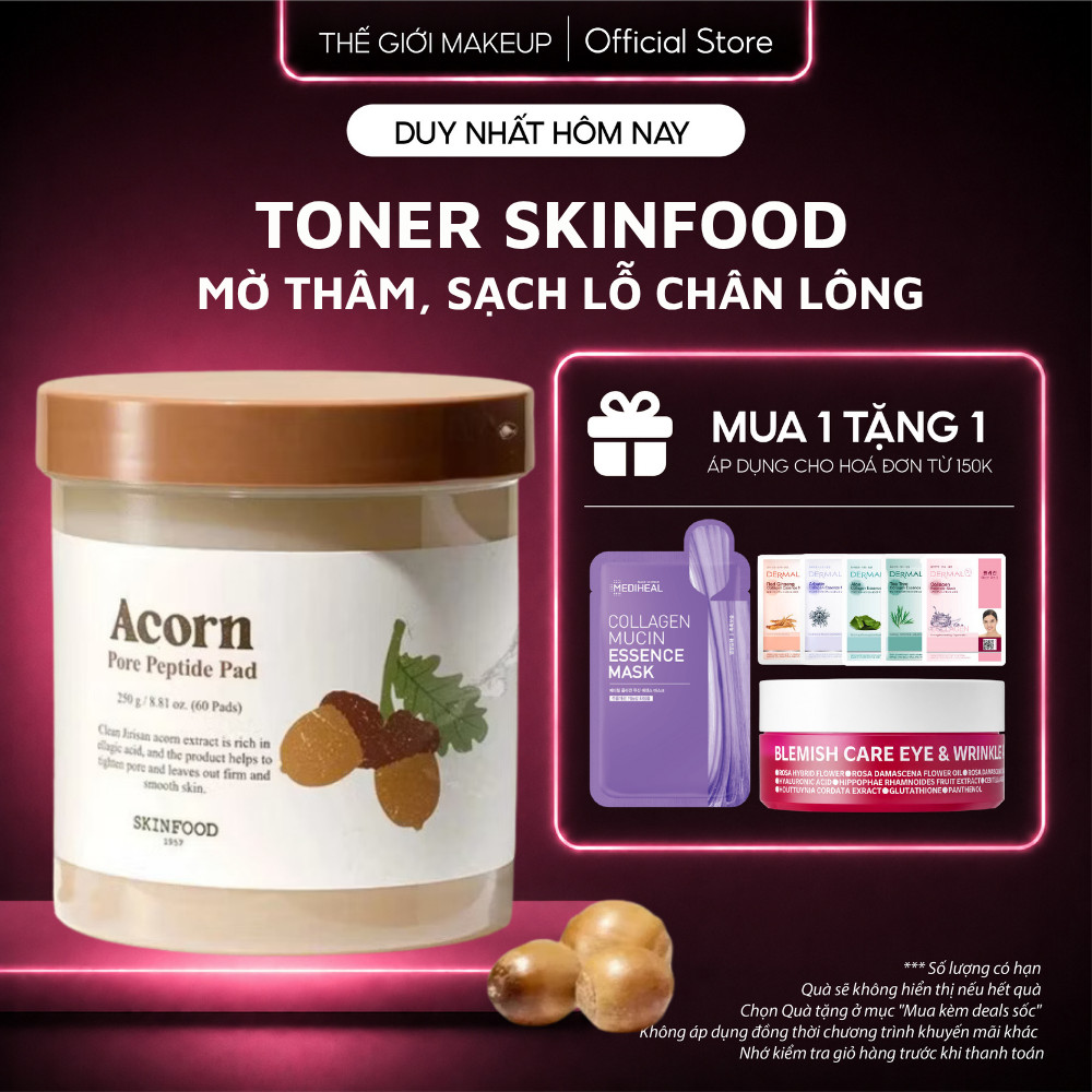 Toner Pad SKINFOOD Acorn Pore Peptide Pad 60 Miếng Se Khít Lỗ Chân Lông, Mờ Thâm - Thế Giới Makeup