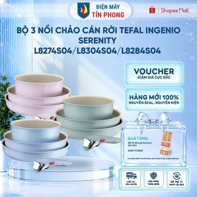 Bộ 3 Nồi Chảo Cán Rời Tefal Ingenio Serenity L8274S04/L8304S04/L8284S04 - Xanh Dương/ Hồng/Xanh Lá