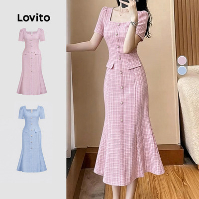 Lovito Váy nữ mùa xuân/hè màu hồng trang trí bèo nút trước giả túi thanh lịch LK3ED139