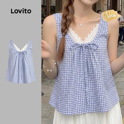 (New Arrival) Lovito Áo kiểu thường giả 2 trong 1 phối ren buộc dây mùa xuân/hè màu xanh dương dành cho nữ TKK8P1D434
