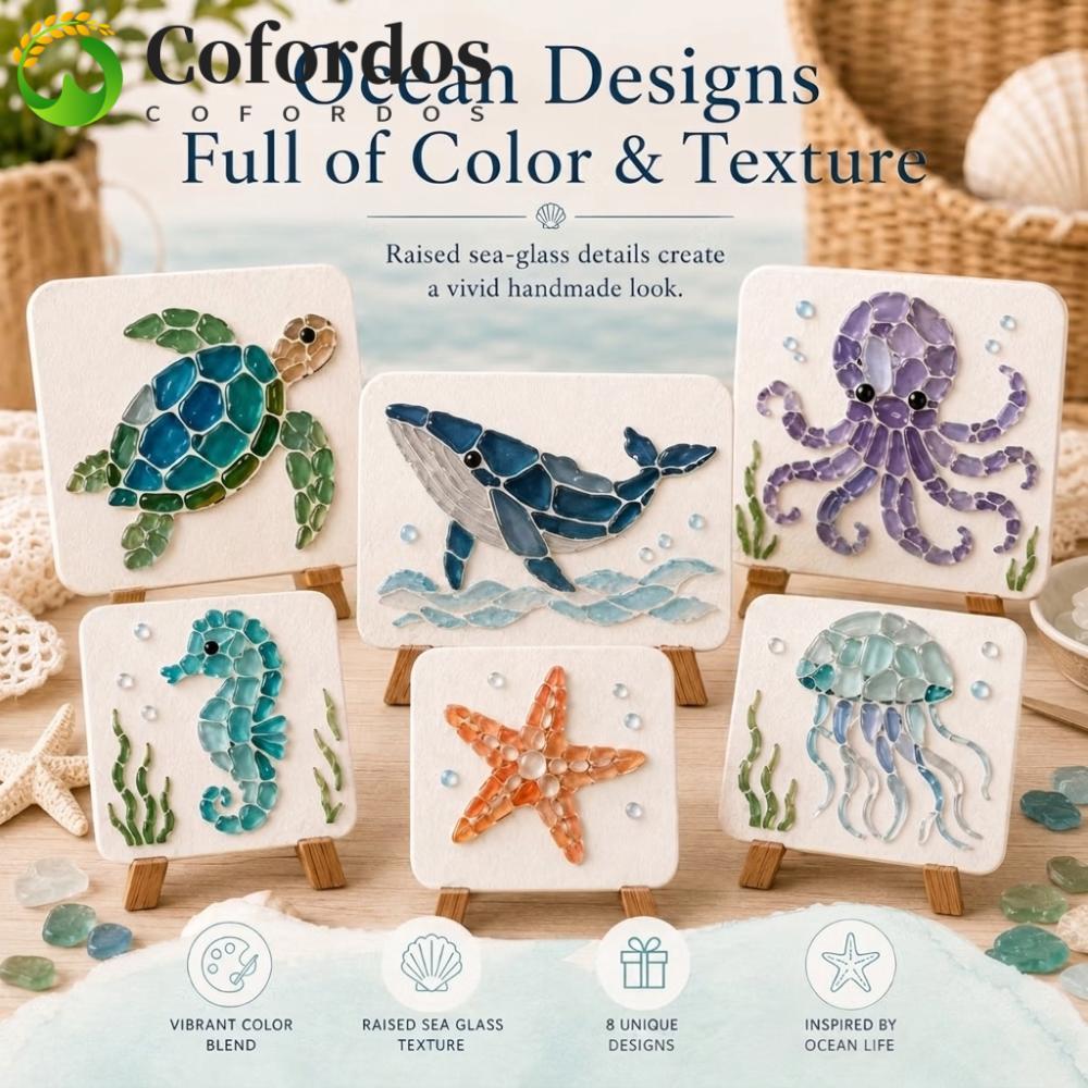 COFORDOS Ocean DIY Sea Glass Art Kit, Sea Creature Ocean Inspired Glass khảm Craft Set, Gỗ độc đáo ‐