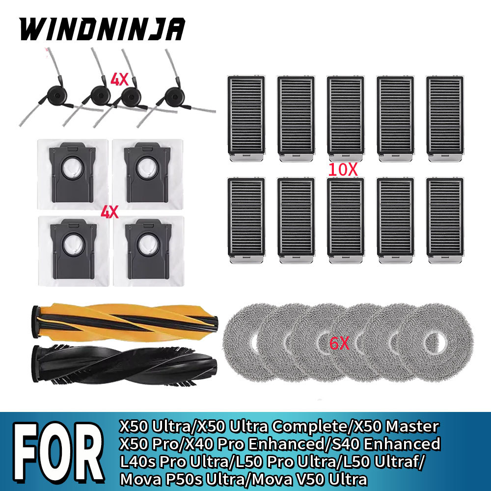 Bộ phụ kiện thay thế chính: chổi quét bên, lọc, khăn lau, túi đựng bụi cho Dreame X50 Ultra/L50 Pro 