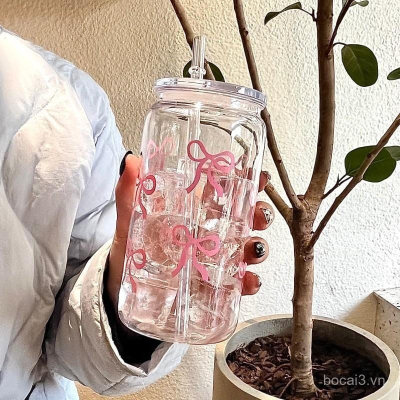 Baby Pink Bow Pattern Water Bottle, 1 Count Water Cup with Lid & Straw, Drinking Cup for Tea, Juice,
