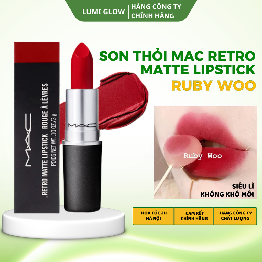 Son thỏi MAC Retro Matte Lipstick 707 Ruby Woo Chính Hãng Đỏ Cổ Điển Son Lì Mac Màu Chuẩn - Lumi Glo