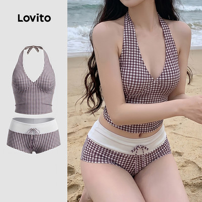 (New Arrival) Lovito Bộ Bikini Thường Ngày Kiểu Retro Gồm 2 Bộ Phối Màu Thích Hợp Cho Mùa Xuân/hè Dành Cho Nữ LNE147229