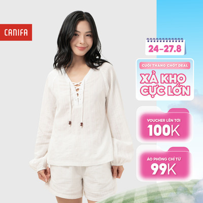 Áo kiểu nữ babydoll dài tay cổ đan dây chất liệu cotton thấm hút, mềm mát CANIFA 6TO26S003