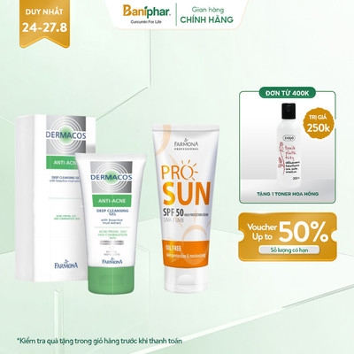 Combo Kem Chống Nắng Farmona Professional Pro Sun SPF50 Oil Free 50ml Và Sữa Rửa Mặt Farmona Dermacos Anti-Acne 150ml