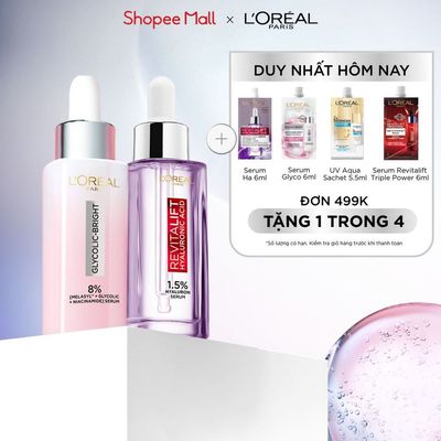 Bộ 2 Serum siêu cấp ẩm Hyaluronic Acid 1.5% 30ml & Glycolic Melasyl 8% dưỡng sáng da, mờ thâm mụn nám Loreal Paris
