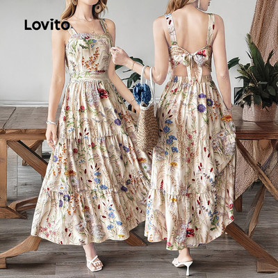Đầm nữ Lovito xuân hè xếp nếp lỗ nơ lưng Boho LK5ED972