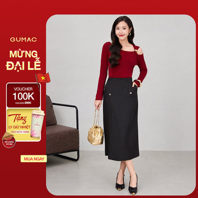 Chân váy GUMAC midi dáng suông lưng liền có hai túi sườn đính nút kiểu VF12056