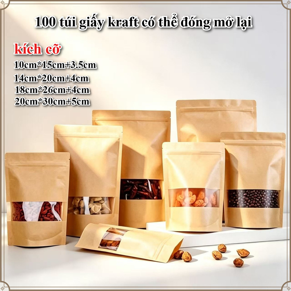 100Túi zip giấy kraft đựng thực phẩm Túi zip giấy kraft có cửa sổ đáy đứng