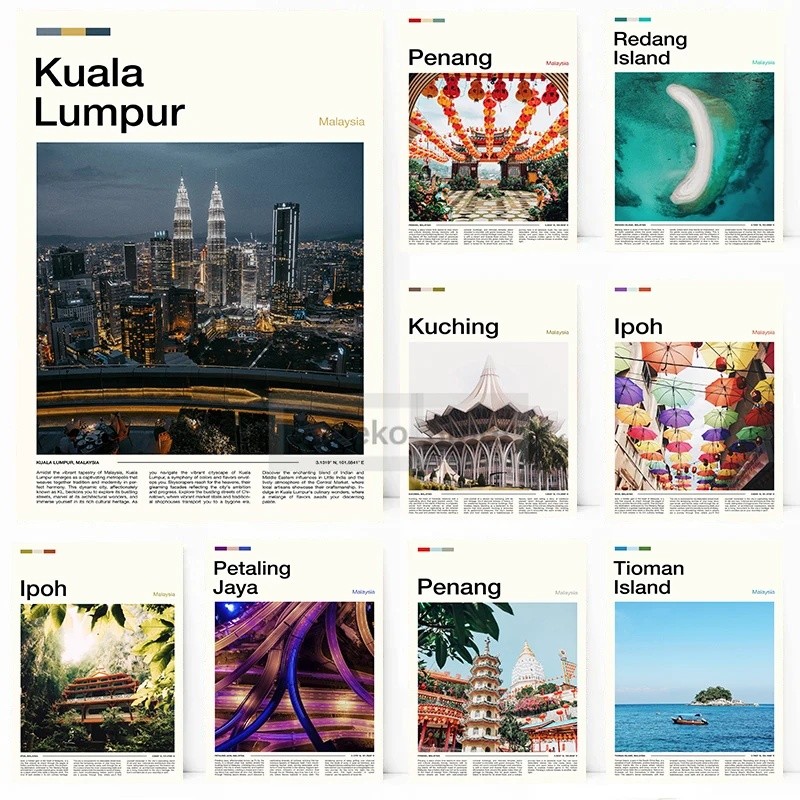 Châu Á Du Lịch Áp Phích Kuala Lumpur Ipoh Kuching Penang Redang Đảo In Hình Canvas Treo Tường Hình Ả