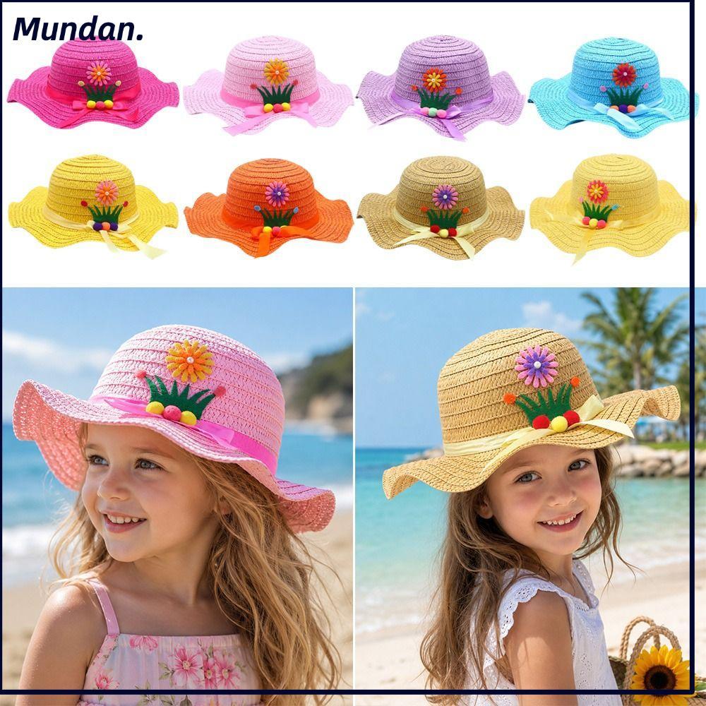 Mũ Rơm MUNDAN, Mũ Chống Nắng Trang Trí Hoa Vành Rộng, Mũ Đi Biển 3-7Year Handmade Ngọt Ngào Du Lịch