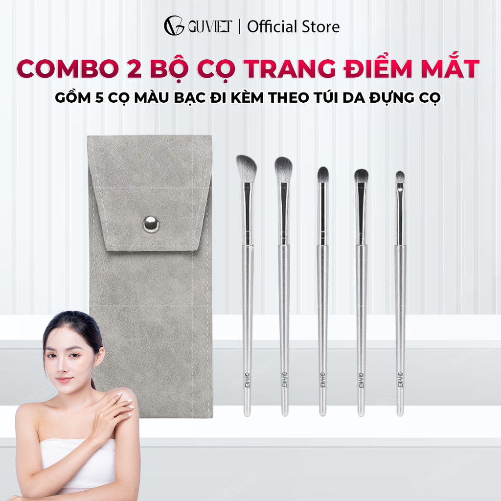 [KOL] Combo 2 bộ cọ trang điểm mắt GUVIET gồm 5 cọ màu bạc đi kèm theo túi da đựng cọ