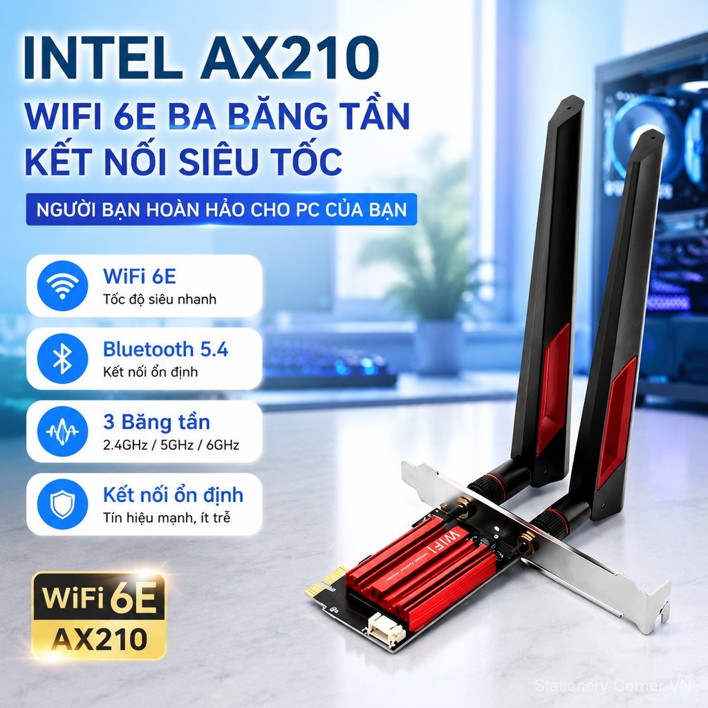 Card mạng Intel AX210 WiFi 6E ba băng tần PCIe Bluetooth M.2 cho PC để bàn, tốc độ cao ổn định