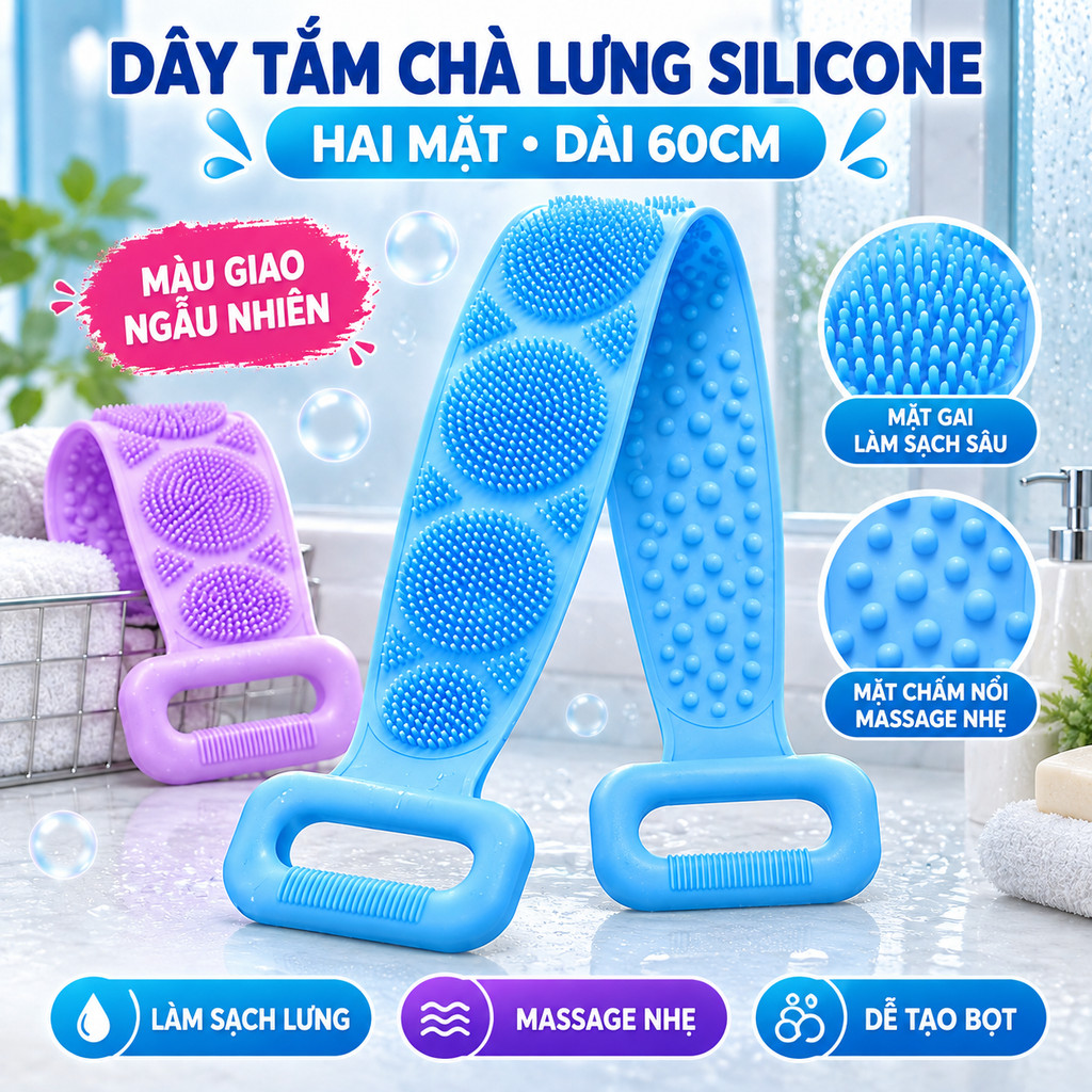 [HCM] Dây Tắm Chà Lưng Silicone Hai Mặt 60cm, Hỗ Trợ Làm Sạch Và Massage Cơ Thể