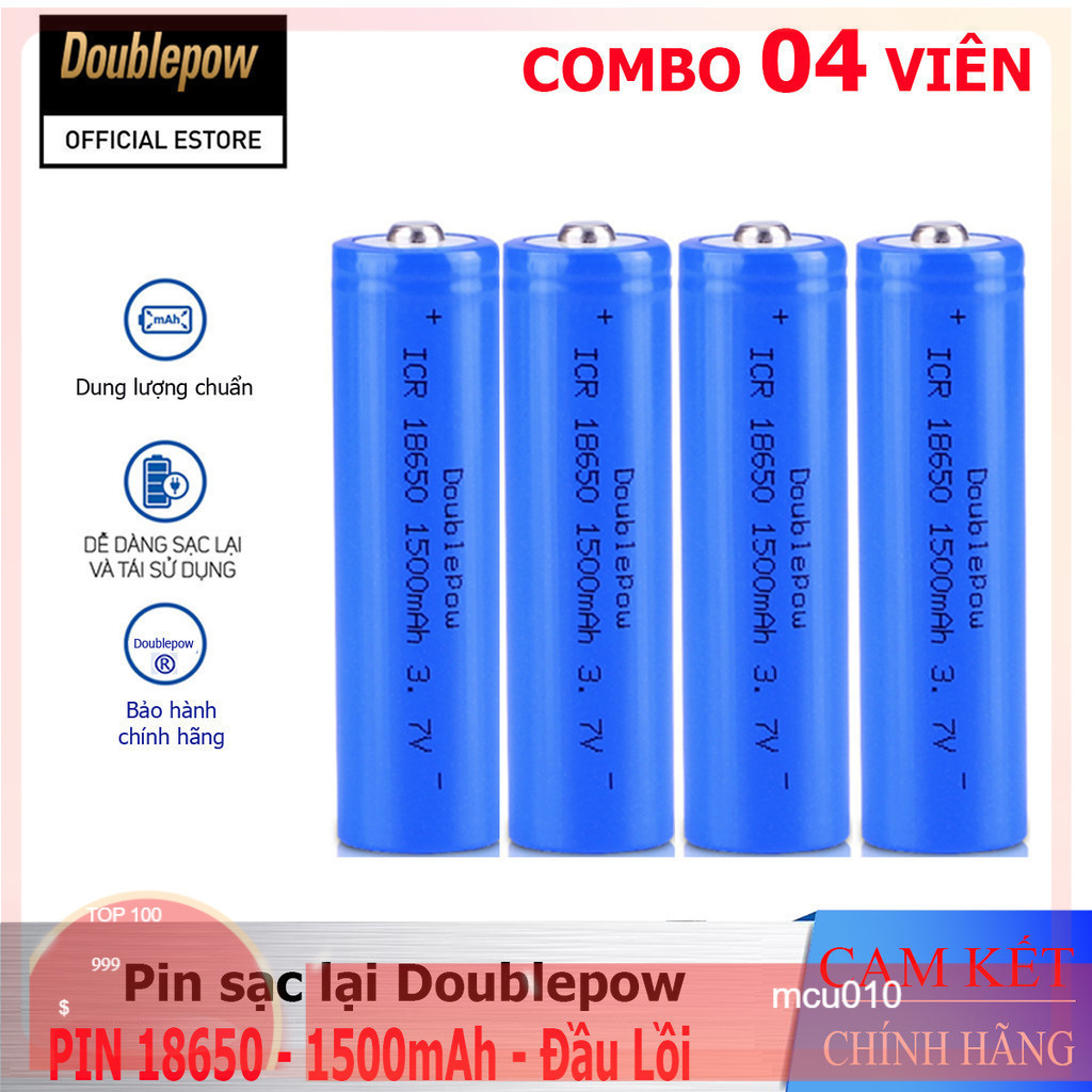[Combo 04 viên] Pin sạc Lithium 18650 - 1500mAh đầu lồi Doublepow, pin dung lượng thực