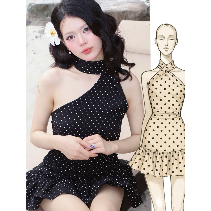 [Hoả Tốc HCM] AGUJA Đầm yếm chấm bi Kabi dress siết eo tôn dáng